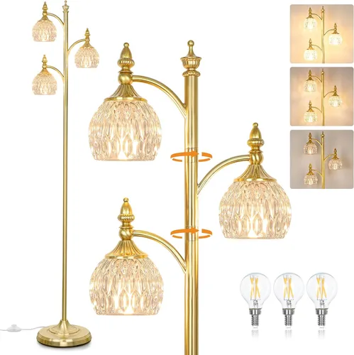 Vista 13 de JUNNAI Lámparas de pie negras para sala de estar, lámparas de pie de 66.5 pulgadas con pantalla de cristal, luces de brillo de 3 vías, lámpara