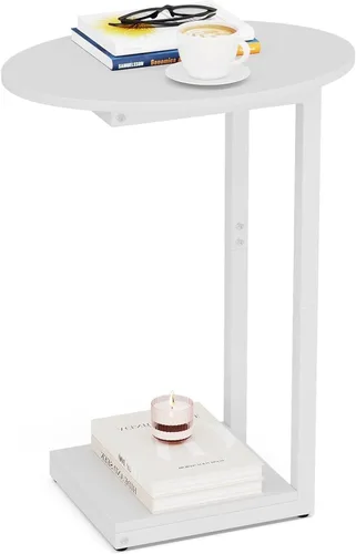 Vista 9 de Hosfais Mesa Auxiliar Pequeña, Mesa de Extremo en Forma de C, Mesa de Café de Madera para TV, Bandeja para Comer, Mesas para Sofá de Espacios Negro
