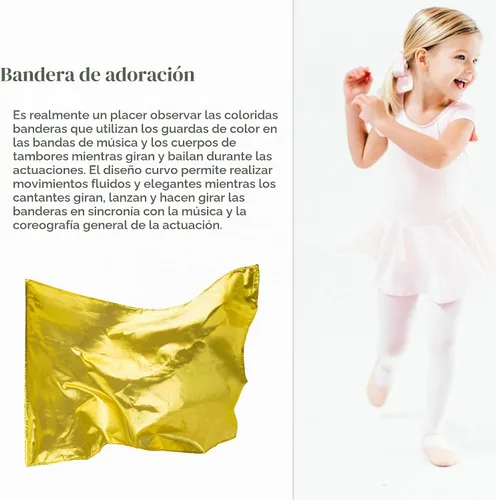 Vista 3 de Banderas de adoración con varilla escalable para niños y niños, bandera rectangular suave de poliéster de 36 pulgadas para práctica de danza Dorado
