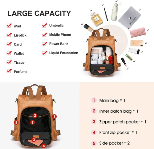 Vista 4 de Cnoles Moda mujer mochila monedero PU cuero grande diseñador casual viaje señoras universidad hombro bolsos, Marrón, Mochila de moda