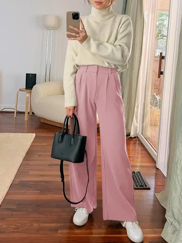 Vista 2 de NIeyook Pantalones de pierna ancha para mujer, pantalones elásticos de cintura alta, pantalones casuales de trabajo de negocios con bolsillos