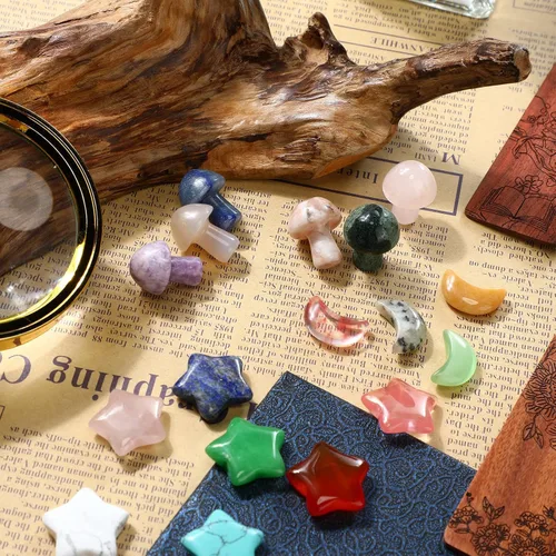 Vista 7 de Nuenen 54 piezas de piedras de preocupación en forma de hongo, luna y estrella, mini piedras para pulgar, decoración de escultura, piedras preciosas