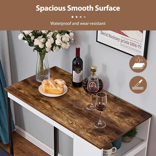 Vista 6 de Panana Juego de mesa de comedor de 3 piezas, mesa de bar de cocina con dos estantes de almacenamiento de taburetes, mesa de madera con acabado