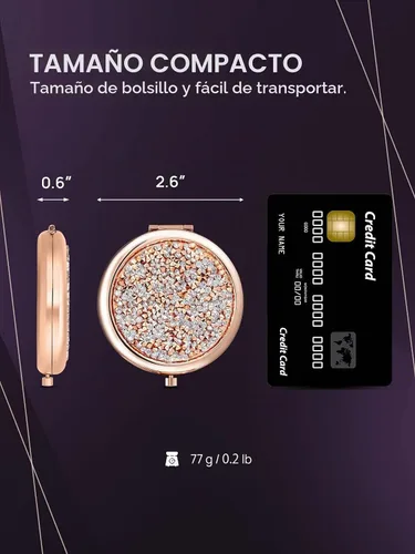 Vista 4 de OMIRO Espejo compacto con aumento 1X/10X, mini espejo de maquillaje de bolsillo de metal con diamantes (oro rosa)