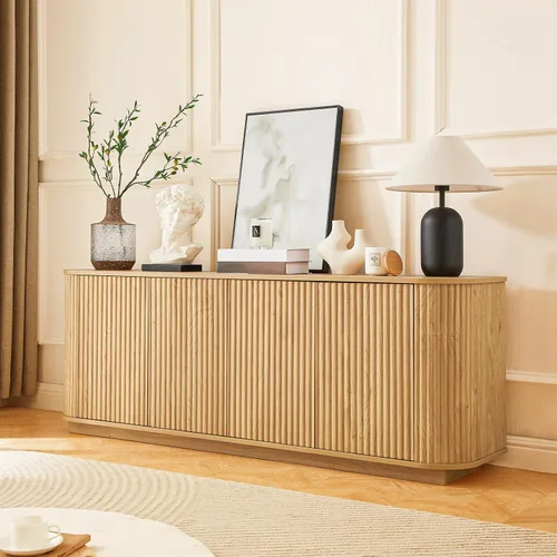 Vista 8 de Aparador de buffet de 64 pulgadas con almacenamiento, moderna credenza acanalada con estantes ajustables, mesa consola de barra de café de madera