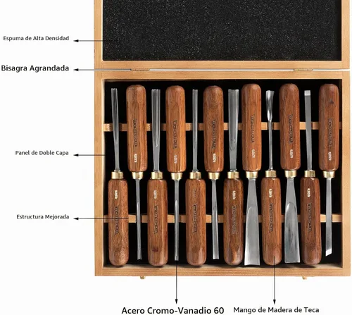 Vista 2 de Juego de 12 piezas de herramientas de tallado de madera para carpintería con caja de madera, cuchillas de acero CR-V 60 ultra afiladas