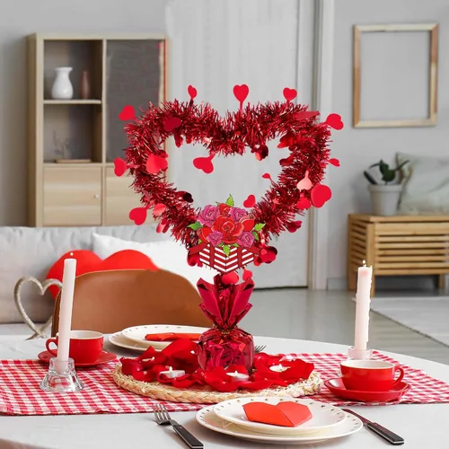 Vista 5 de Hotop 3 piezas de decoración de mesa con diseño de corazón para el día de San Valentín con tarjetas, coronas troqueladas rojas metálicas, centros