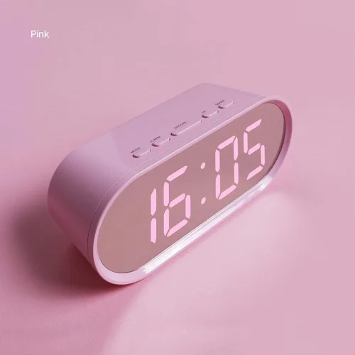 Vista 2 de mooas Reloj despertador digital Pop Mirror, reloj de escritorio LED rosa con luz nocturna, repetición, temperatura, funciona
