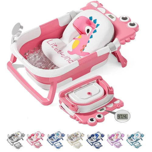 Vista 18 de TPN - Bañera plegable para bebés con cojín suave y termómetro en tiempo real, bañera portátil de viaje para recién nacidos e infantes