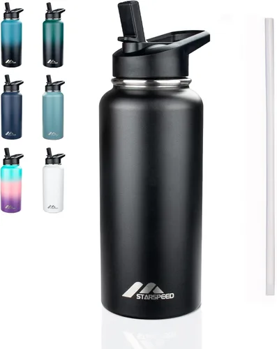 Vista 28 de StarSpeed Botella de agua aislada de 32 onzas con tapa con pajilla, botella de agua al vacío de doble pared de acero inoxidable, botella de agua