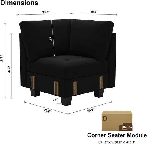 Vista 2 de Belffin Módulo de asiento de esquina de terciopelo para sofá modular seccional sofá esquinero sofá silla negro
