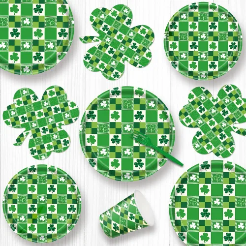 Vista 6 de 168 piezas de suministros para fiesta del día de San Patricio, platos de la suerte, servilletas, juego de vajilla de papel de trébol irlandés verde