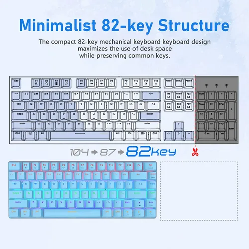 Vista 6 de FELICON AK33 - Teclado mecánico con cable para juegos, retroiluminación LED arco iris, con cable USB, 82 teclas, teclado de computadora