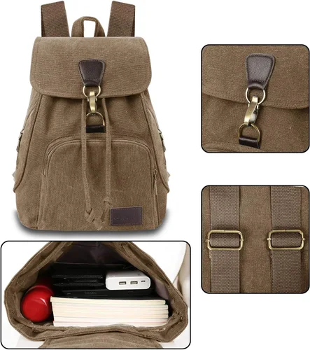 Vista 5 de Mochilas de lona a la moda, bolso casual para compras al aire libre, mochila deportiva, senderismo, viajes, bolsa multiusos, Café, Mochilas