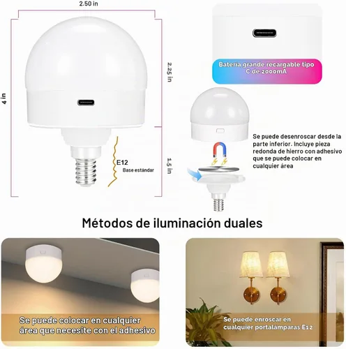 Vista 6 de Yochoice Bombilla de luz recargable con batería operada con control remoto E12, bombilla LED regulable con 15 colores seleccionables y 3