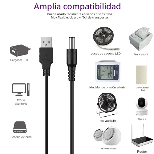 Vista 4 de LIANSUM Cable de alimentación USB a CC 5V, cable universal DC de 5.5x2.1mm con 8 conectores