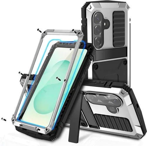 Vista 13 de Funda de metal para Samsung S22 5G con función atril, protector de pantalla integrado, resistente armadura militar duradera, cuerpo completo Negro