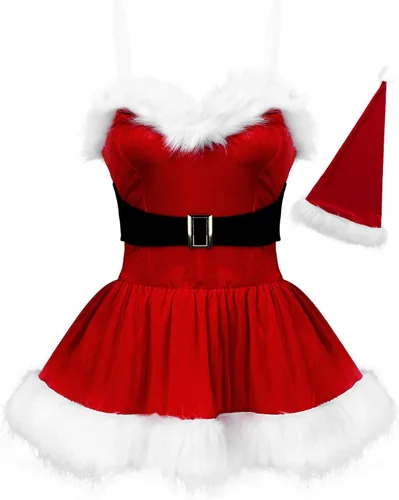 Vista 4 de Aislor Vestido de Navidad sin mangas de una sola pieza con cinturón y sombrero de Papá Noel