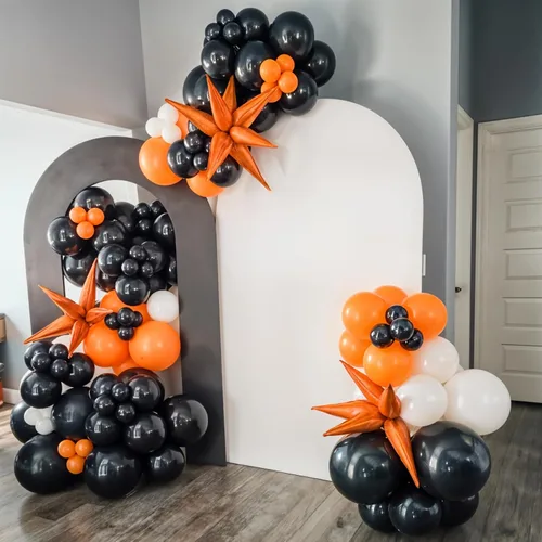 Vista 5 de Kit de arco de globos de baloncesto, kit de guirnalda de globos negros y naranjas, globos de estrella plateada de papel aluminio para baloncesto