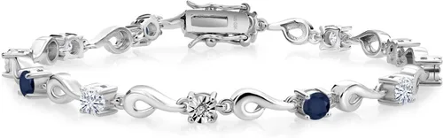 Vista 2 de Gem Stone King Pulsera de plata de ley 925 con zafiro azul y moissanita blanca y diamantes blancos cultivados en laboratorio para mujer