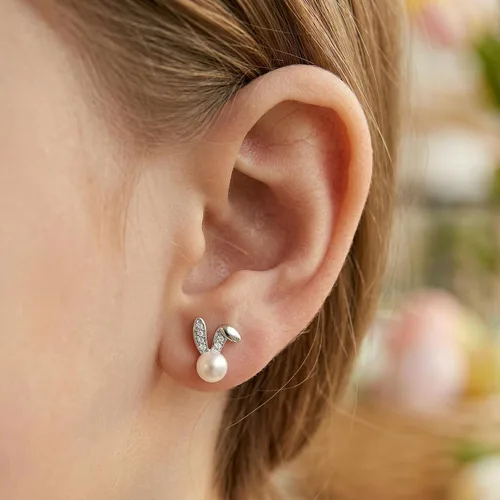 Vista 2 de SLUYNZ 925 Sterling Silver Easter Rabbit Bunny Studs Earrings for Women Teen Girls Pearl Rabbit Earrings Studs A-Plata