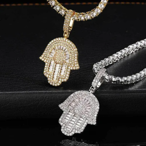 Vista 5 de Collar Hip Hop Hamsa para hombre, colgante de mano Hamsa de oro blanco de 18 quilates para mujer