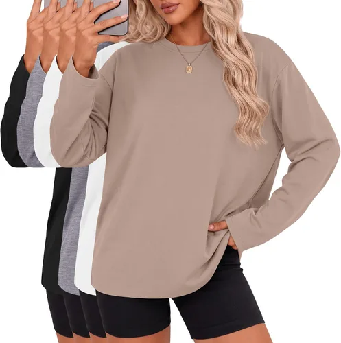 Vista 16 de Ficerd Paquete de 4 camisetas casuales de manga larga con cuello redondo