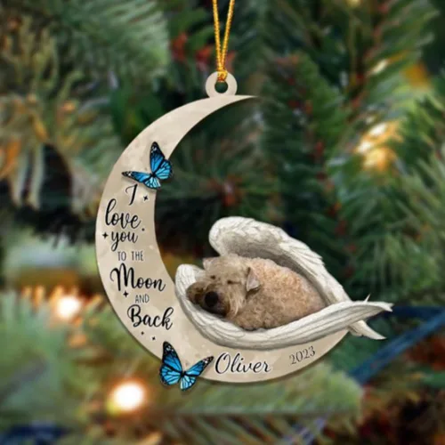 Vista 4 de Adorno colgante personalizado de ángel durmiendo en la luna, perro sabueso afgano, nombre personalizado, acrílico impreso en 2D plano – cumpleaños