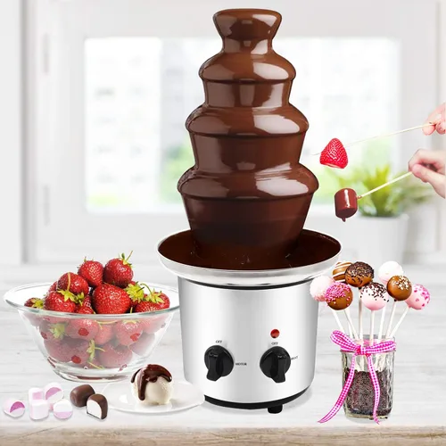 Vista 2 de Huanyu Fuente de fondue de chocolate de acero inoxidable pequeña torre de 4 niveles de altura 17.7 in para celebración/boda/cumpleaños/Navidad (220V)