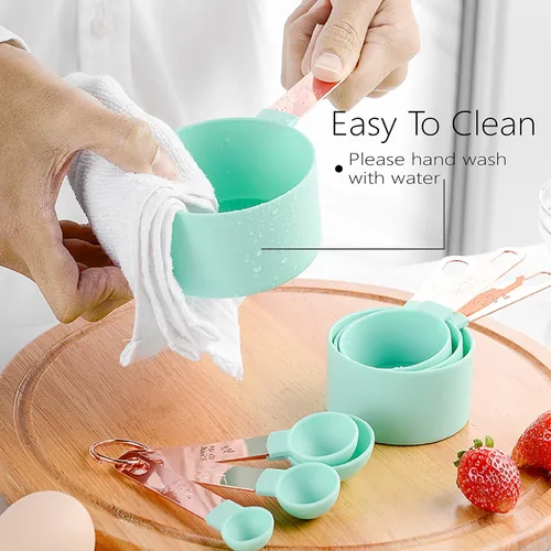 Vista 5 de Juego de tazas y cucharas medidoras con mango de acero inoxidable de oro rosa, 8 cucharadas apilables y precisas para medir ingredientes secos