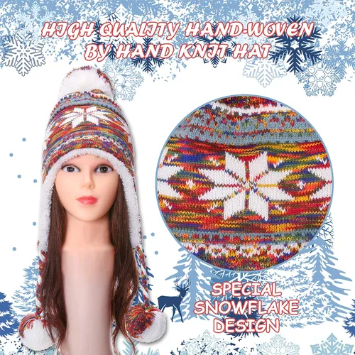 Vista 4 de Gorro invernal Dosoni para mujer de punto con orejeras suave cálido y acogedor diseño de copos de nieve