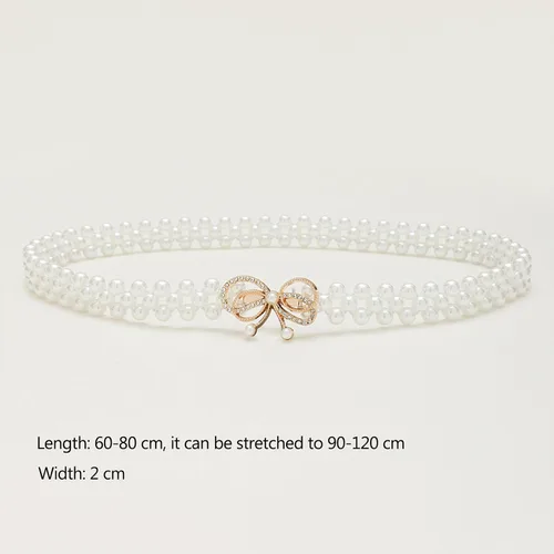 Vista 4 de Cinturón de cadena de cintura elástica con perlas de diamantes, Blanco