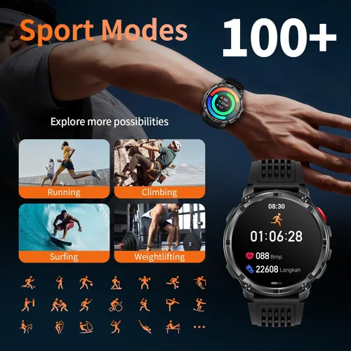 Vista 6 de Reloj inteligente para hombre para teléfonos Android y iPhone, relojes inteligentes deportivos militares para hombres, reloj de seguimiento de Negro