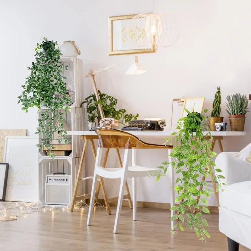 Vista 5 de Plantas colgantes artificiales, plantas colgantes falsas, plantas falsas en maceta para decoración del hogar, decoración de estantes interiores