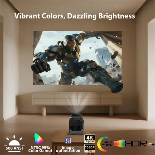 Vista 3 de Smart 2025: proyector portátil listo para 4K con Android 13 500 lúmenes ANSI WiFi 6 Luz azul baja