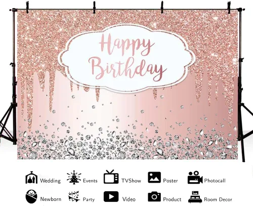 Vista 2 de AIBIIN Fondo rosa de 7 x 5 pies para fiesta de cumpleaños de niña, fondo de fotografía con purpurina, fondo de cristal de diamante, decoración