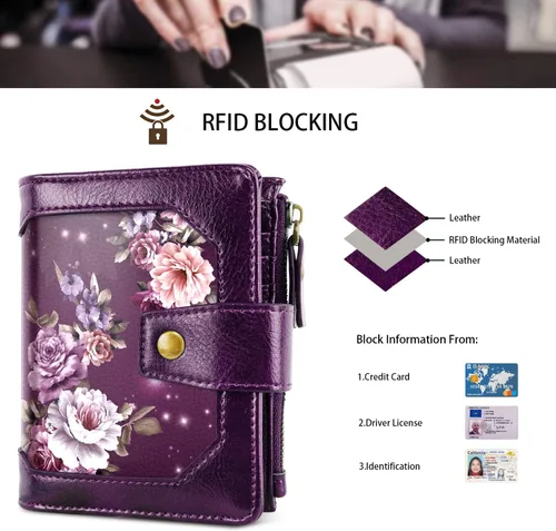 Vista 5 de Cartera pequeña para mujer, con bloqueo RFID, de piel, compacta, con bloqueo RFID, con cremallera y ventana de identificación, flores moradas
