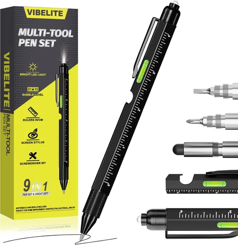 Vista 12 de Juego de bolígrafos multiherramienta 11 en 1 con LED, lápiz capacitivo, nivel, destornillador, cabeza plana, regla, regalos para hombres, él, papá
