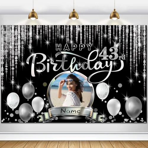 Vista 73 de Cartel de decoración de feliz cumpleaños número 100 personalizado - Personalización disponible - Negro y plateado - Tamaño grande - Admite fotos