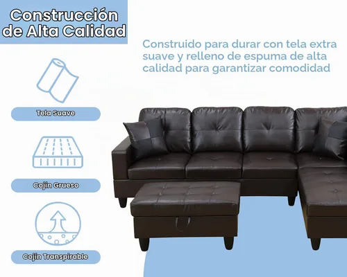 Vista 3 de Sofá modular para sala de estar, sofá seccional de cuero marrón en forma de L con diván y otomano de almacenamiento para sala de estar B- marrón