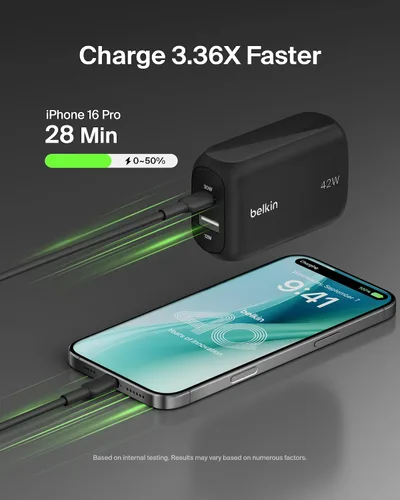 Vista 2 de Belkin Bloque de cargador de doble puerto de 42 W, cargador USB-C + USB-A de carga súper rápida - Samsung Galaxy S26, Apple iPhone 17, Air, Pro, Pro