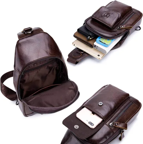 Vista 5 de Bolso cruzado de cuero para hombre bolso de hombro casual bolsas de pecho para viajes senderismo mochilas Café Mochilas Sling