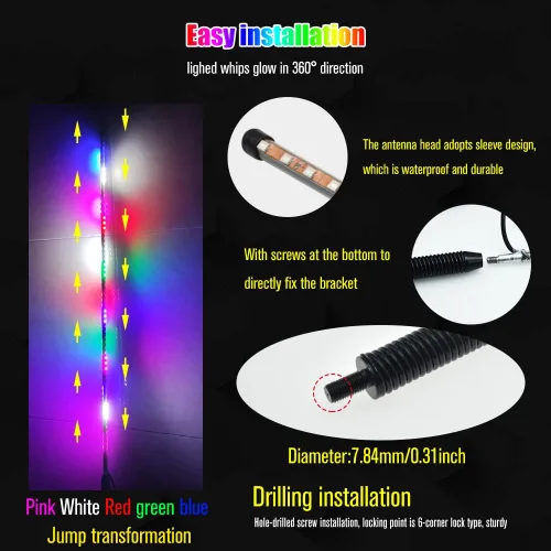 Vista 4 de YEORO 2 piezas Tiras LED Dobles RGB 270 Luces Estroboscópicas Automáticas de Antena Impermeables para UTV, ATV (2.4 pies)