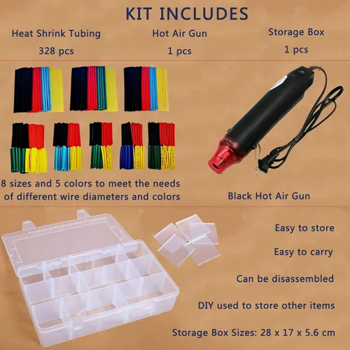 Vista 2 de Kit de tubos termorretráctiles + mini pistola de calor para tubos retráctiles, 328 tubos retráctiles de alambre 2:1 + pistola termorretráctil de 300