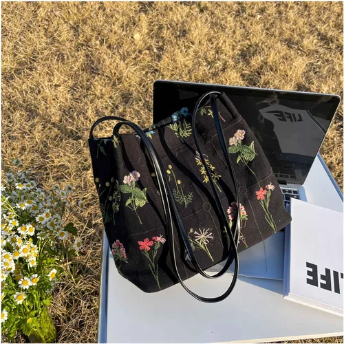 Vista 7 de Lefe Liee Bolso de mano pequeño floral para mujer, bolso de hombro de lona estético reutilizable, bolso cruzado tipo hobo, bolso de cubo casual