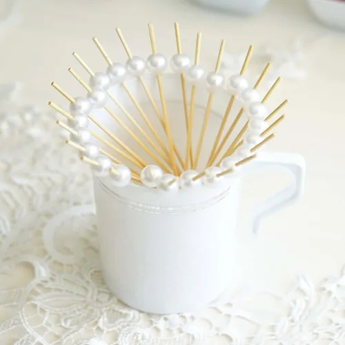 Vista 2 de Efavormart - Paquete de 100 brochetas de bambú natural de 4.75 pulgadas con palillos de cóctel de perlas blancas
