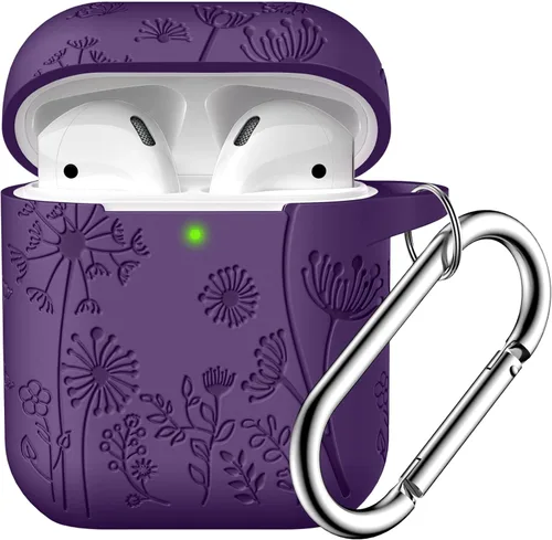 Vista 19 de Lerobo - Funda con grabado de flores para carcasa de AirPod, protector de silicona suave y elegante con llavero compatible con carcasa de carga