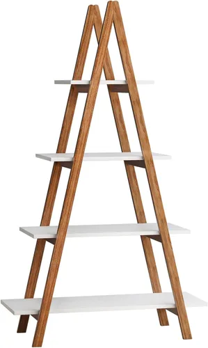 Vista 7 de Estantería de escalera blanca de 4 niveles, estantería de escalera de madera con marco en A, estantería moderna inclinada para sala de estar