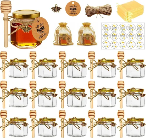 Vista 11 de Adabocute Mini tarros de miel – Tarro hexagonal de miel de vidrio con tapas doradas, cubos de madera, abalorios de abeja y yutes – Pequeños tarros
