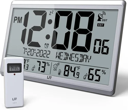 Vista 8 de Reloj de pared atómico LFF/Nunca necesita configuración, funciona con pilas, reloj de pared atómico con temperatura y humedad interior/exterior Negro